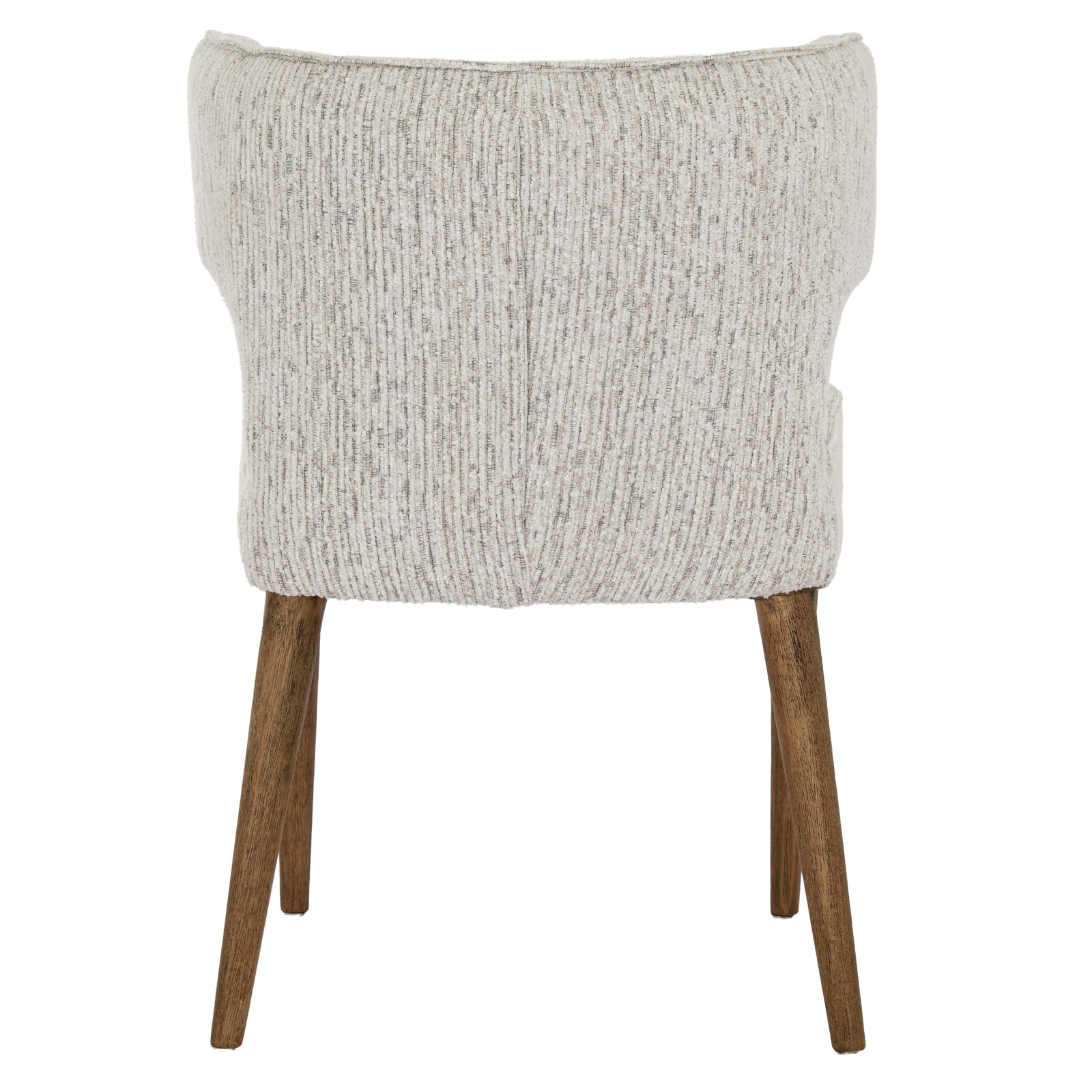 Chair with textured gray cushioned backrest and wooden legs on a white background