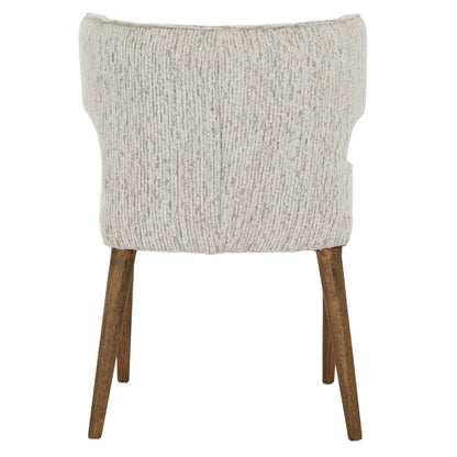 Chair with textured gray cushioned backrest and wooden legs on a white background