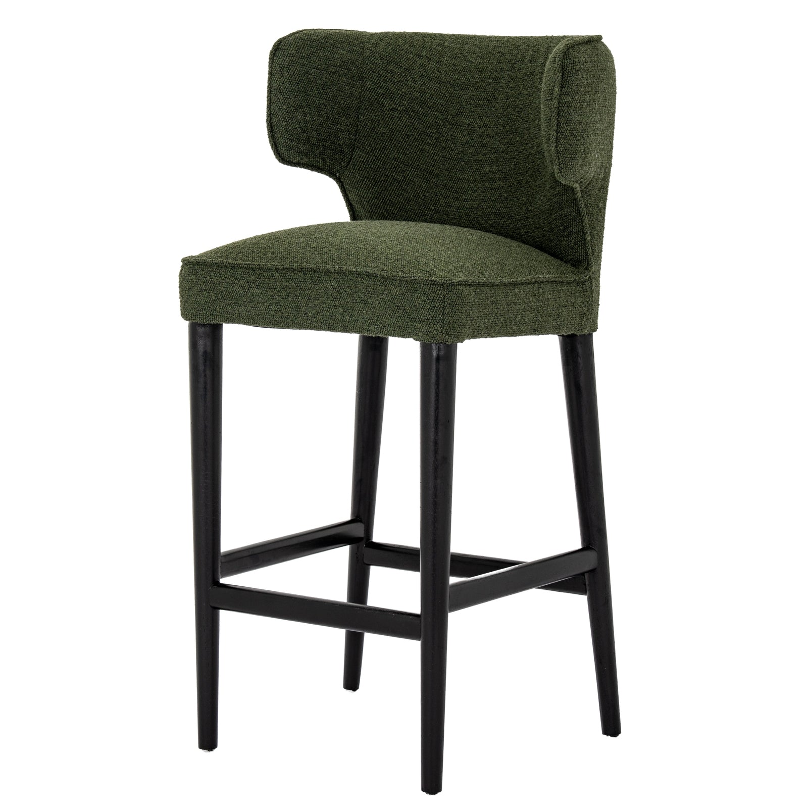 Green bar stool with black legs on a white background