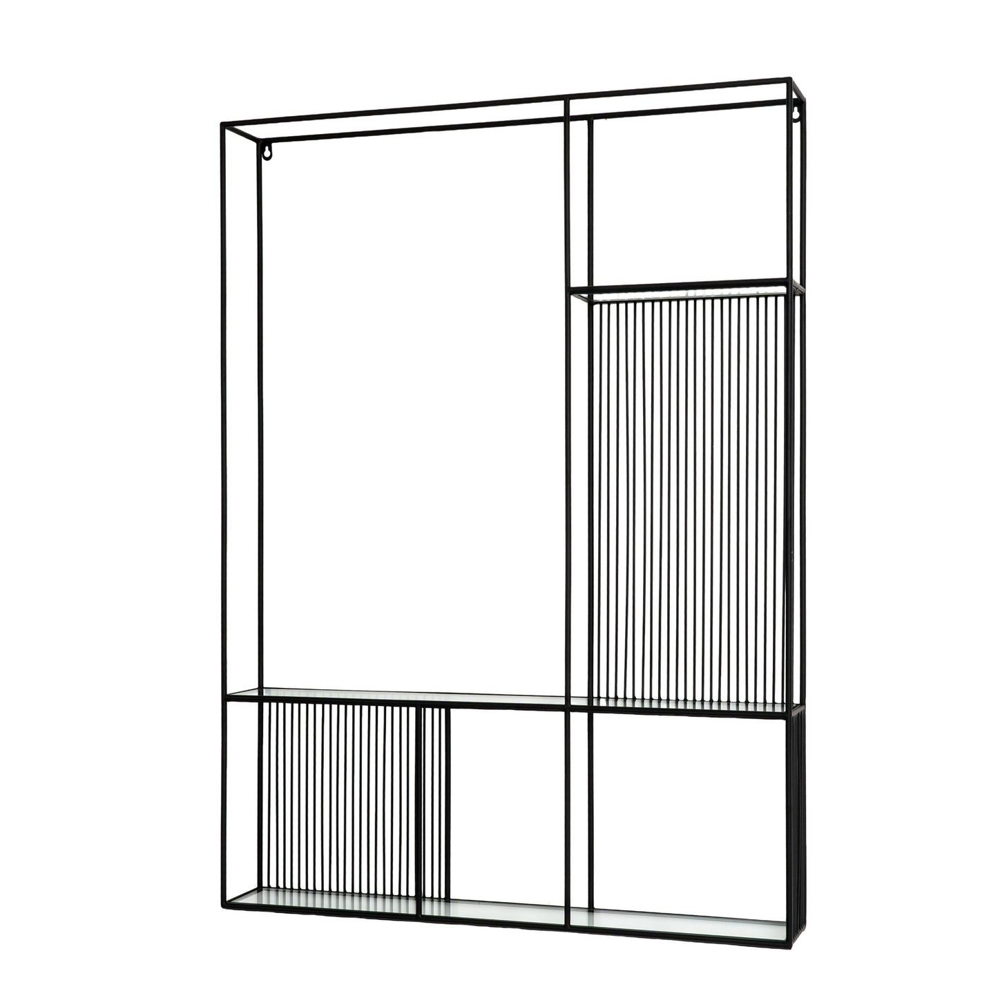 Black metal frame with glass panels on a white background