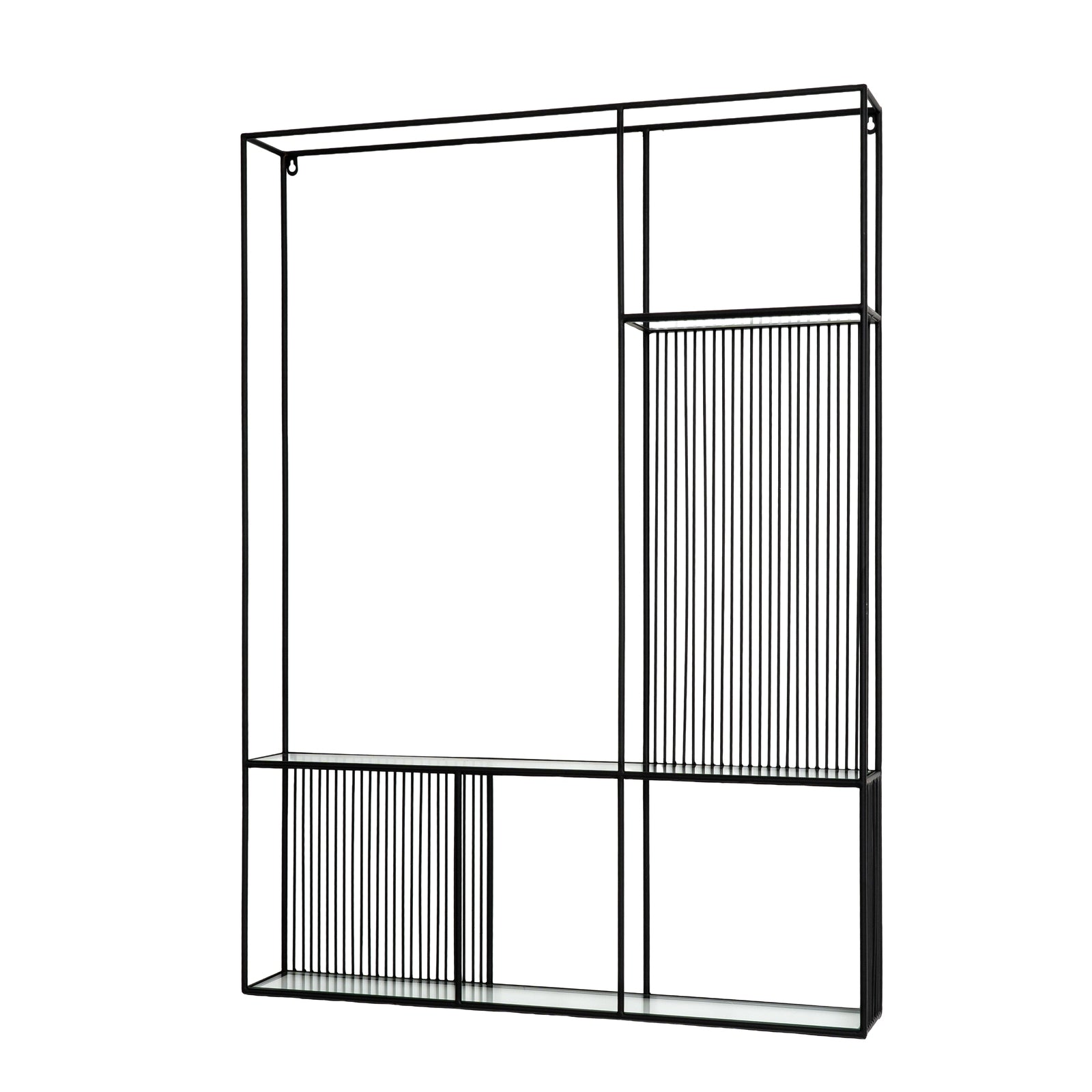 Black metal frame with glass panels on a white background