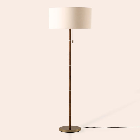 Wood & brass disk floor lamp - BlissVeranda