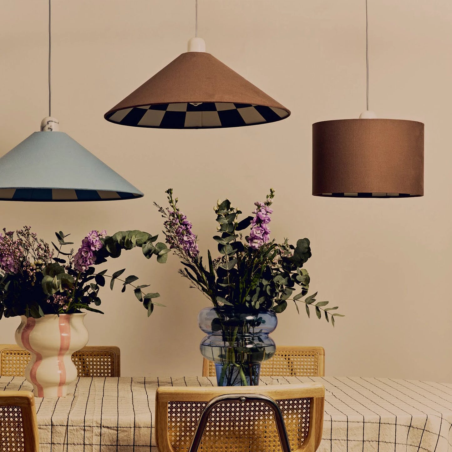 Bark brown check lined drum shade - BlissVeranda