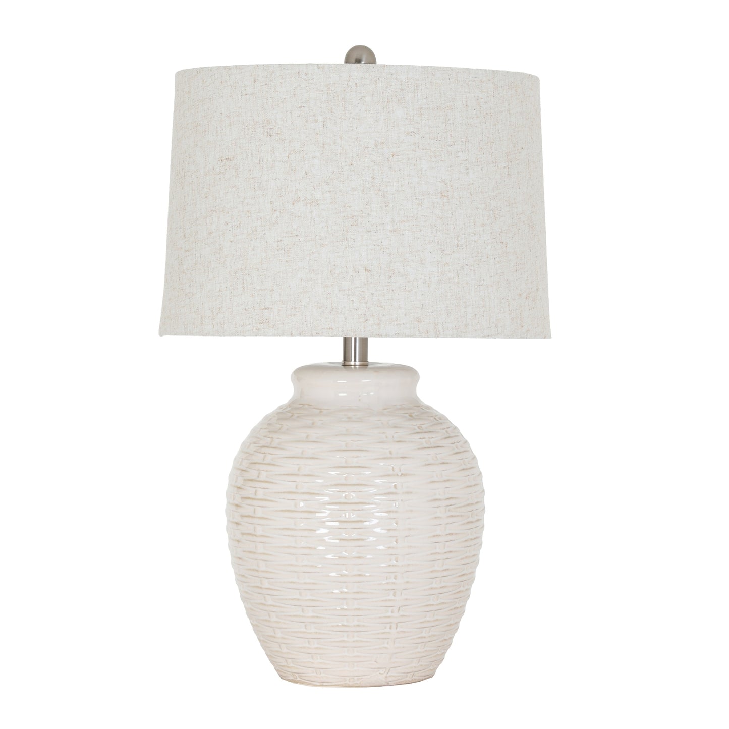 Table lamp with textured white base and light gray shade on a white background