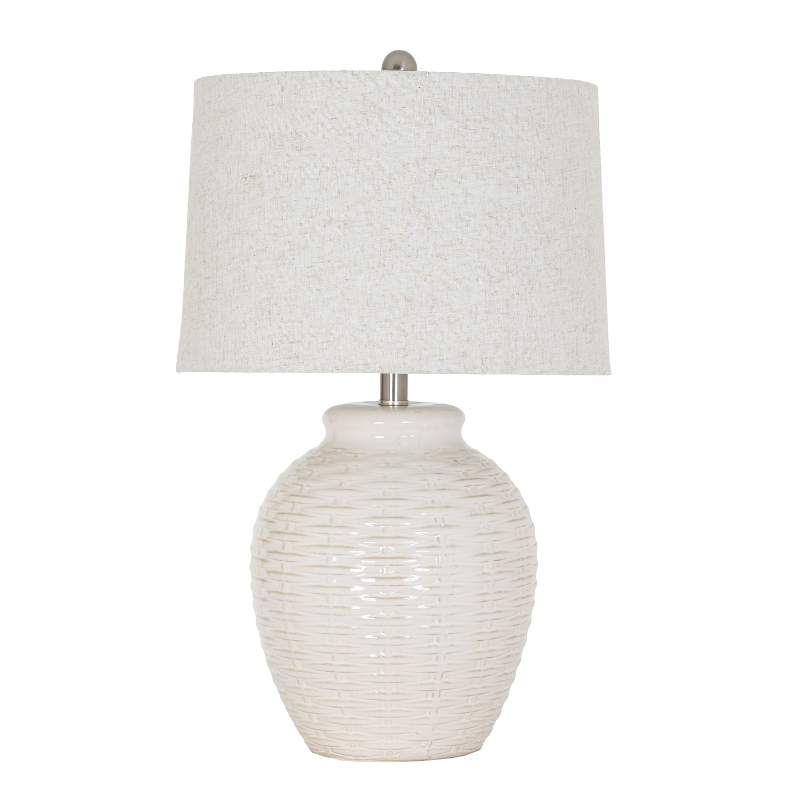 Table lamp with textured white base and light gray shade on a white background