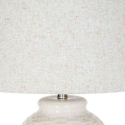 Close-up of a textured lampshade with a marble-like base.