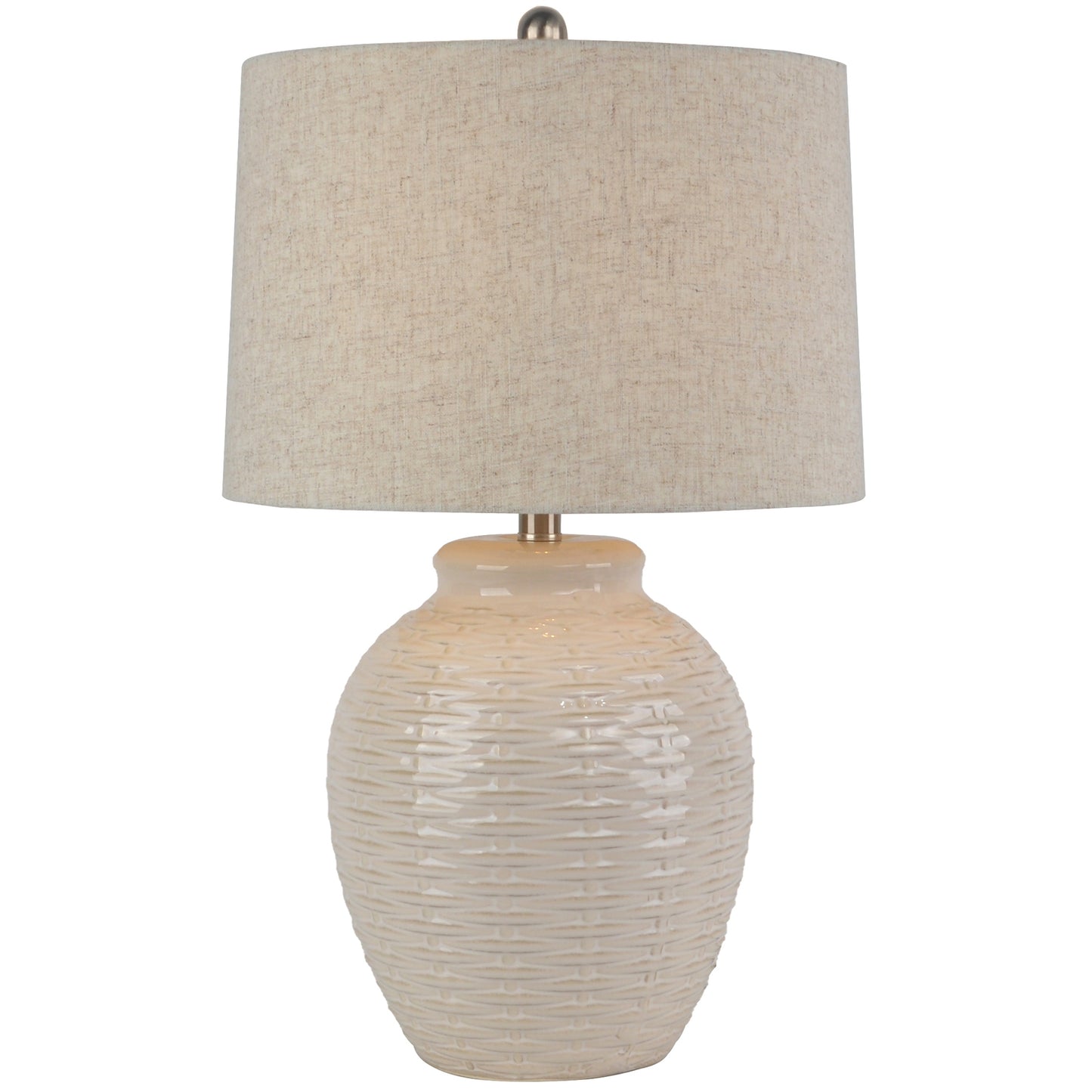 Table lamp with textured beige base and shade on a white background