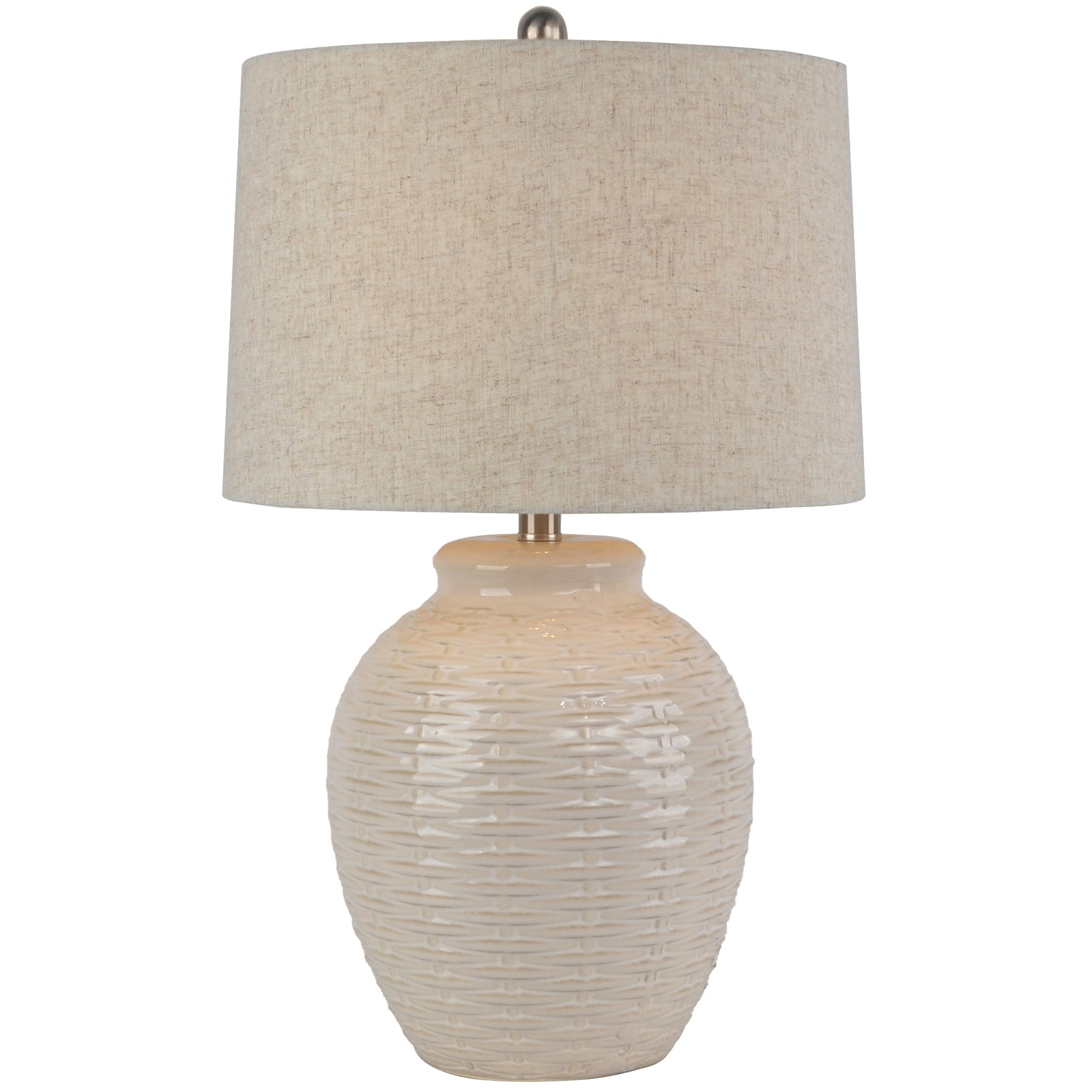 Table lamp with textured beige base and shade on a white background