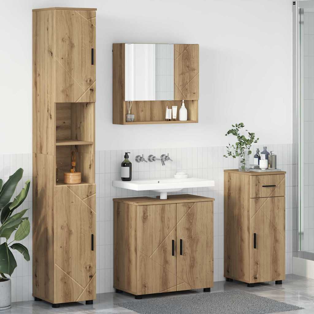 Bathroom setup with wooden cabinets, a mirror, and sink.