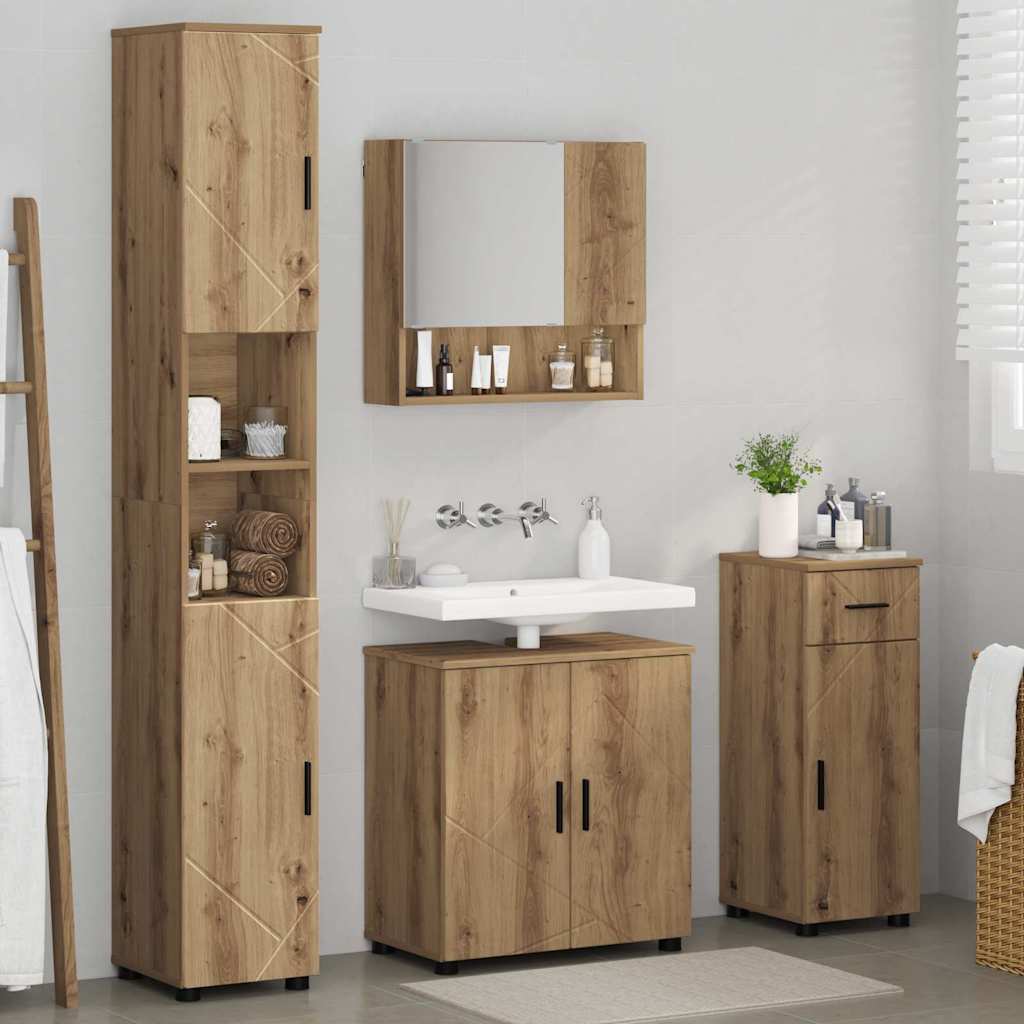 Bathroom setup with wooden cabinets, sink, and mirror.