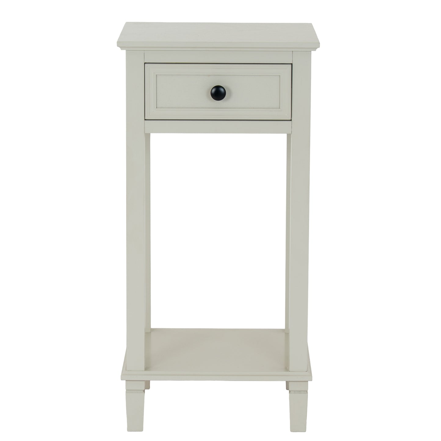 White side table with a drawer on a white background