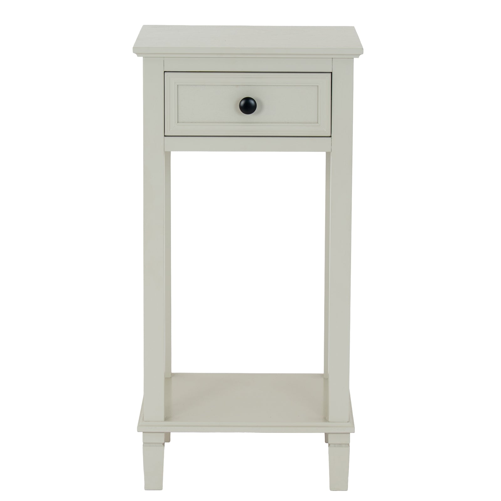 White side table with a drawer on a white background