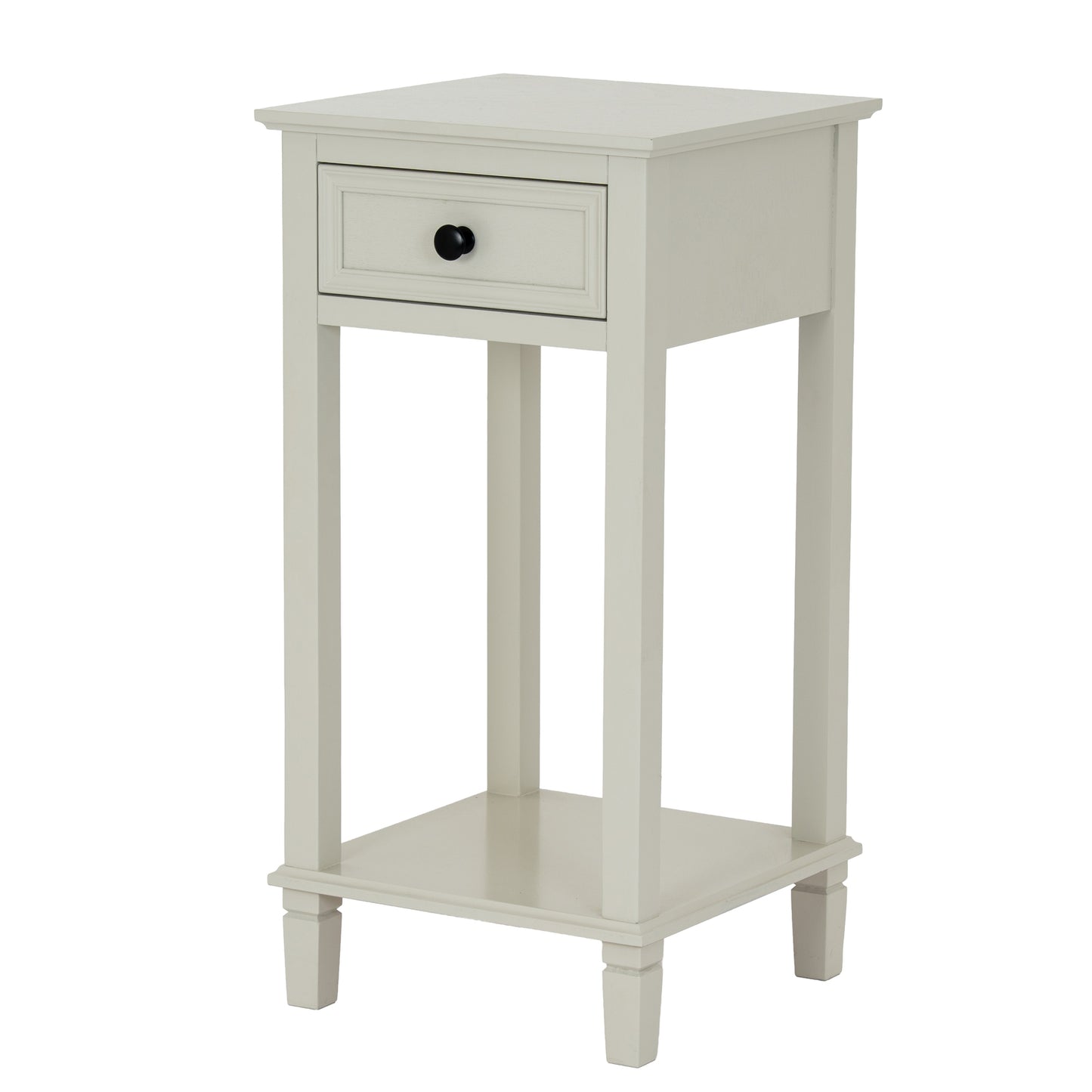 White side table with a drawer on a white background