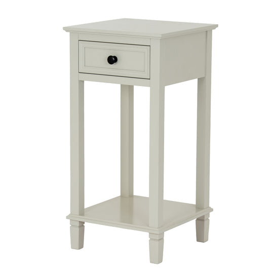 White side table with a drawer on a white background