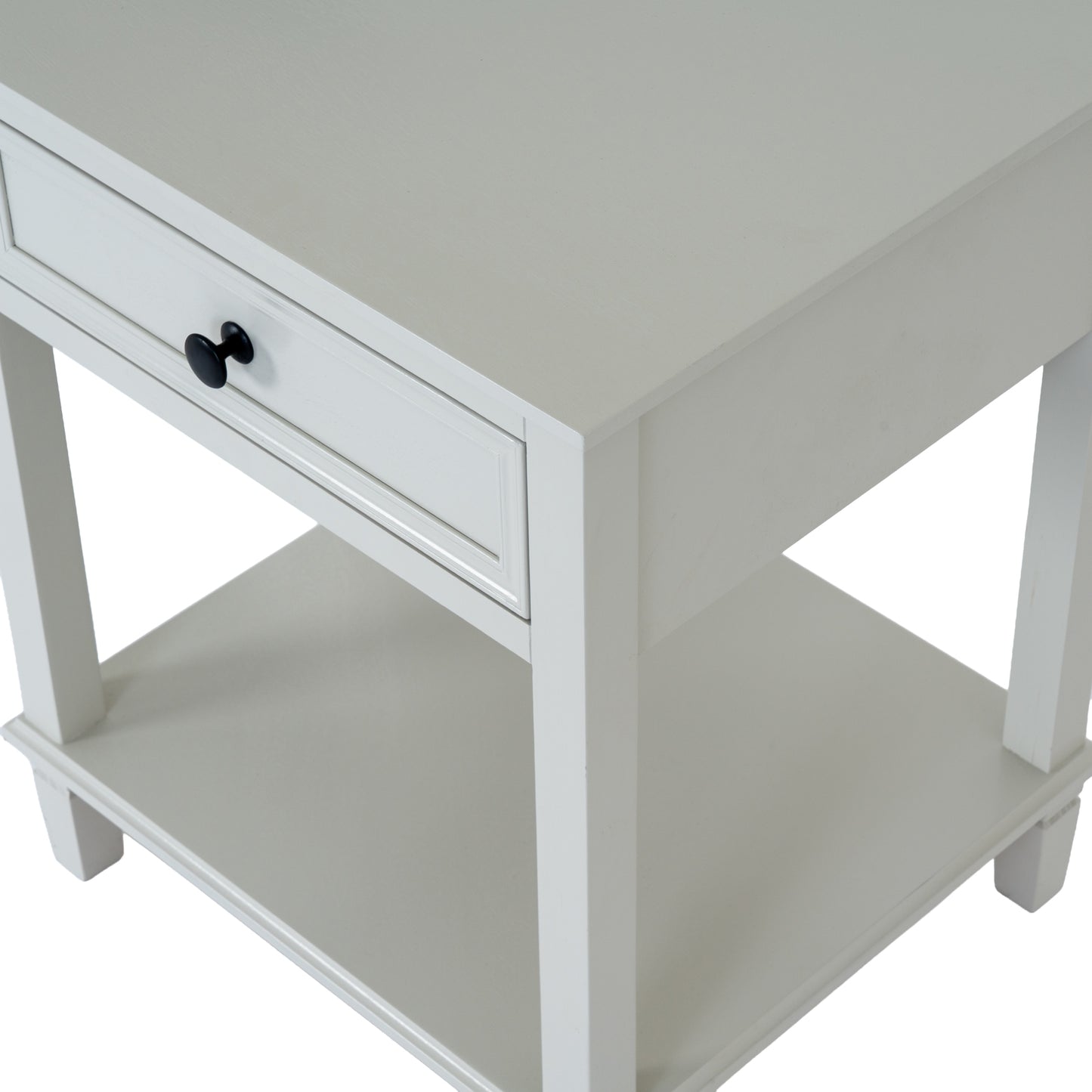 White wooden side table with a drawer and shelf on a white background