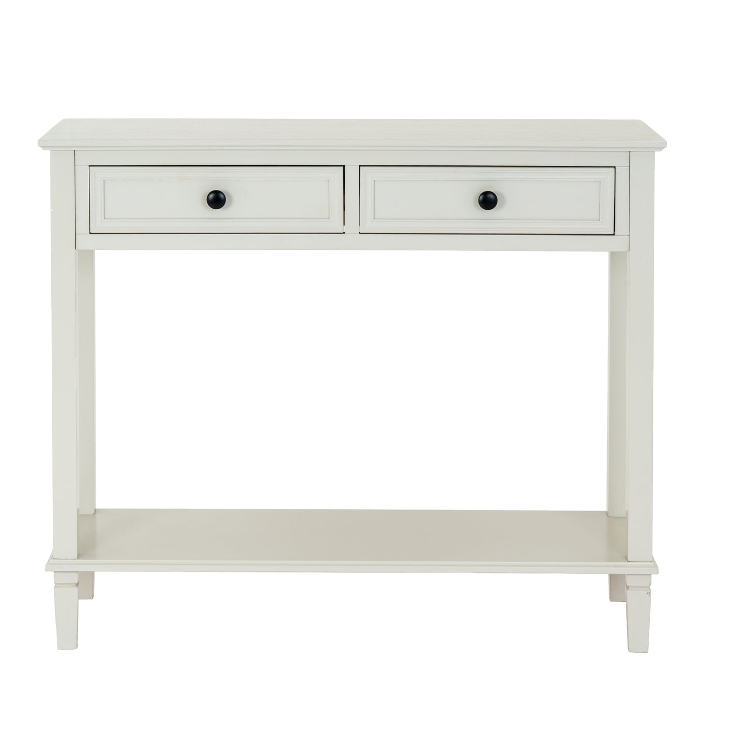 White console table with two drawers on a white background
