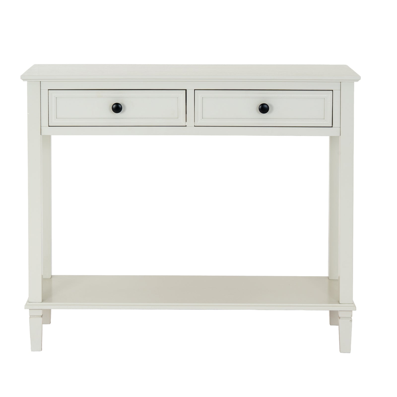 White console table with two drawers on a white background