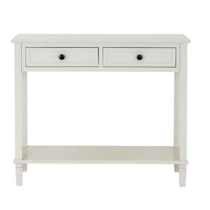 White console table with two drawers on a white background