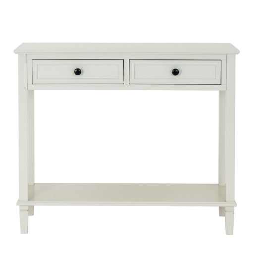 White console table with two drawers on a white background