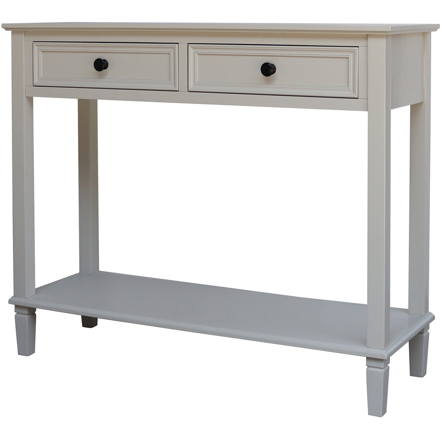 White console table with two drawers on a white background