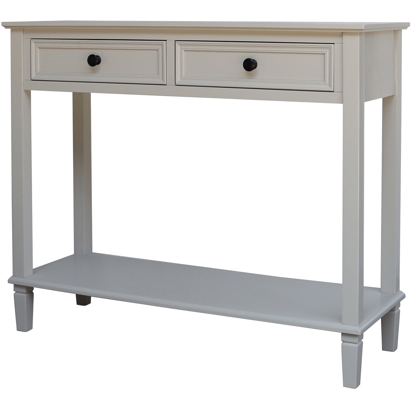 White console table with two drawers on a white background