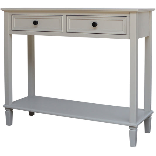 White console table with two drawers on a white background