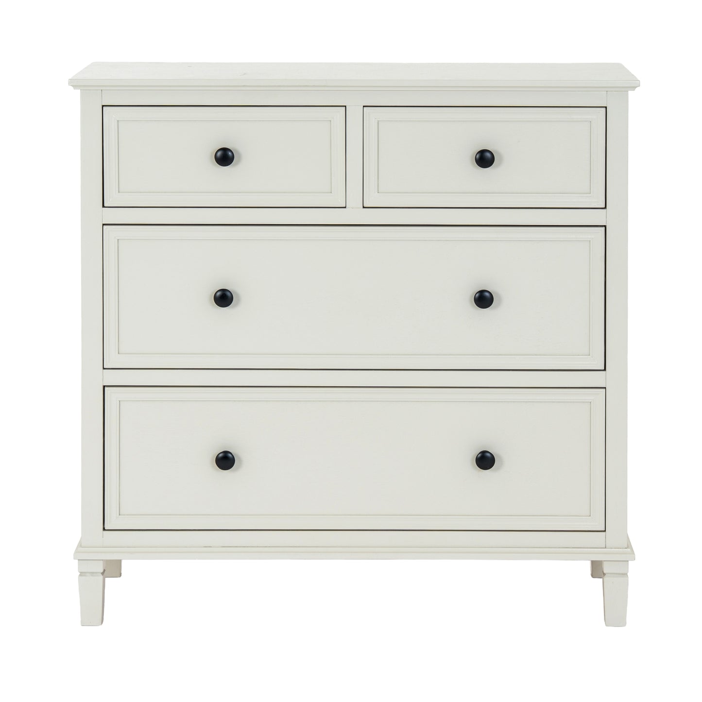 White dresser with four drawers and black knobs on a white background