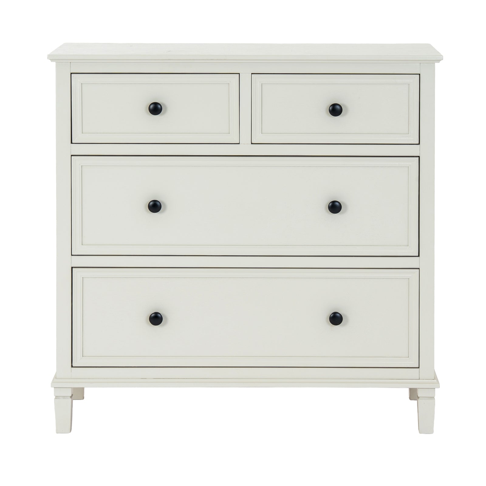 White dresser with four drawers and black knobs on a white background