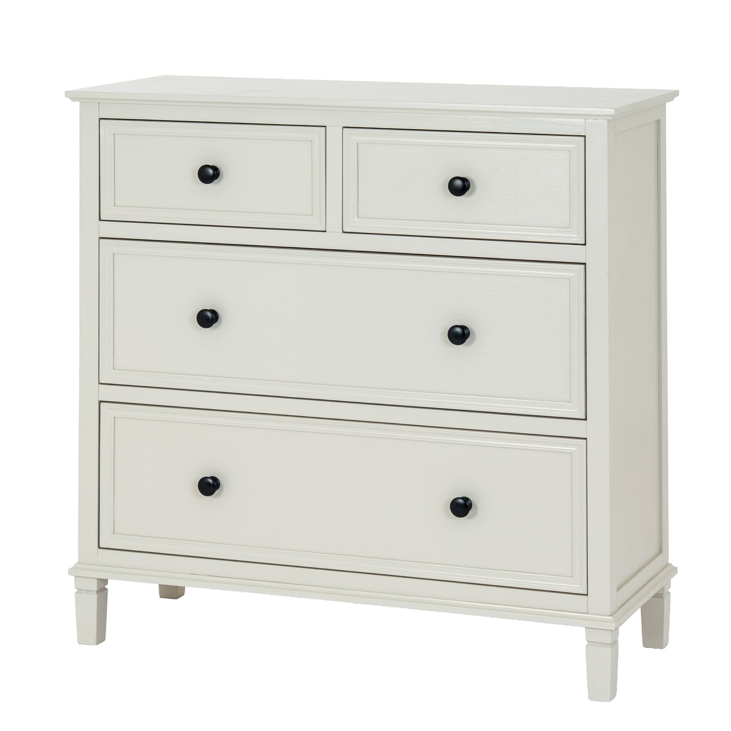White dresser with four drawers and black knobs on a white background