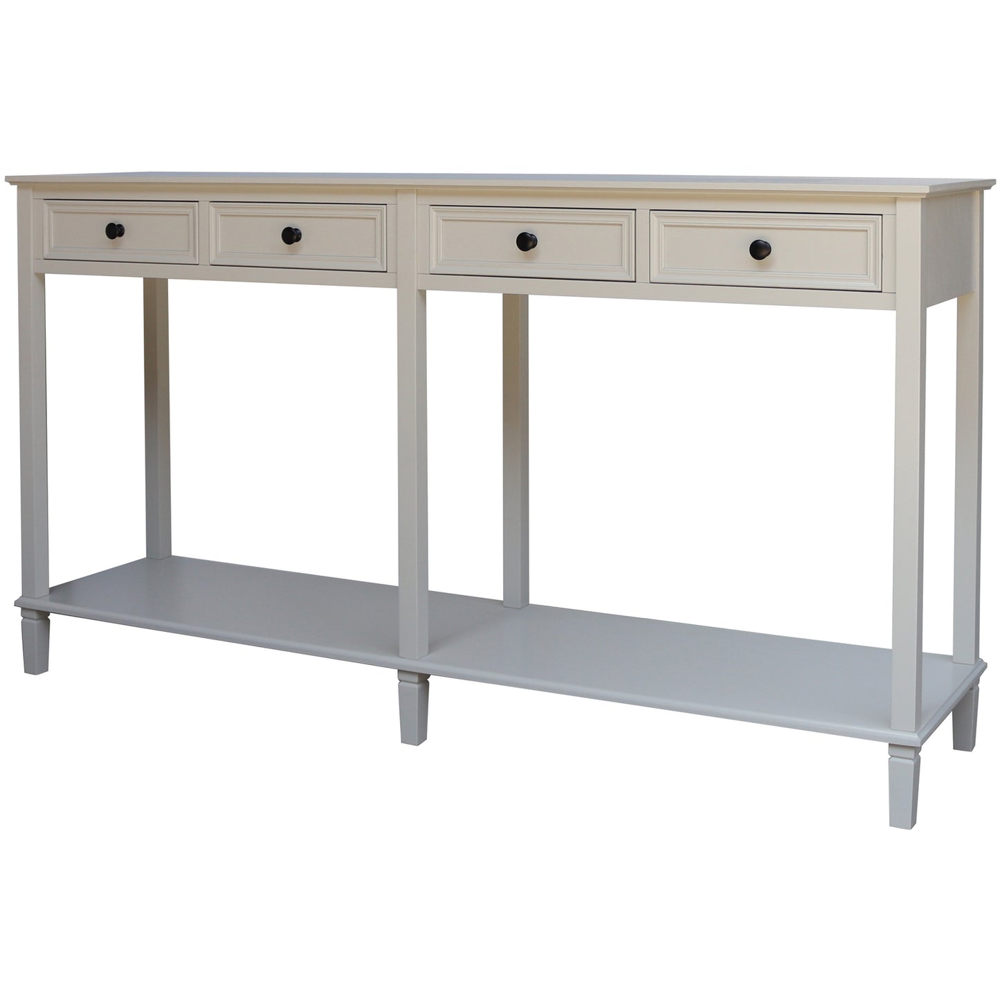 White console table with three drawers and an open shelf on a white background