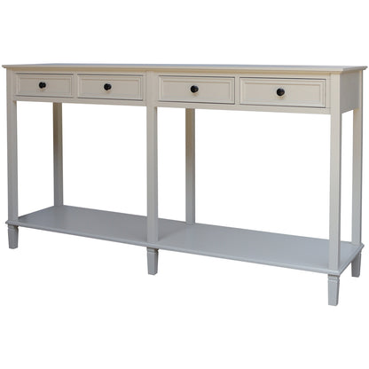 White console table with three drawers and an open shelf on a white background