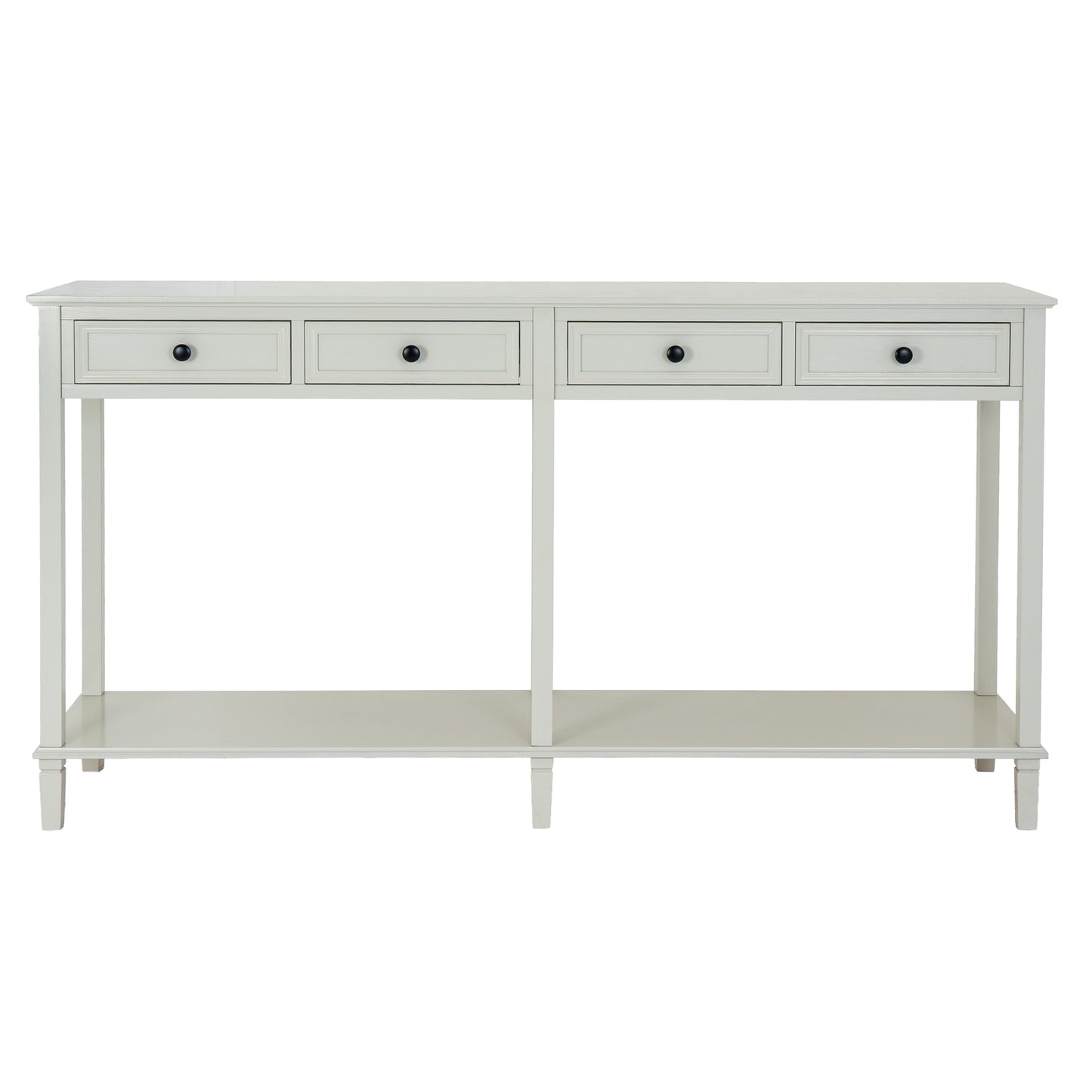 White console table with four drawers on a white background