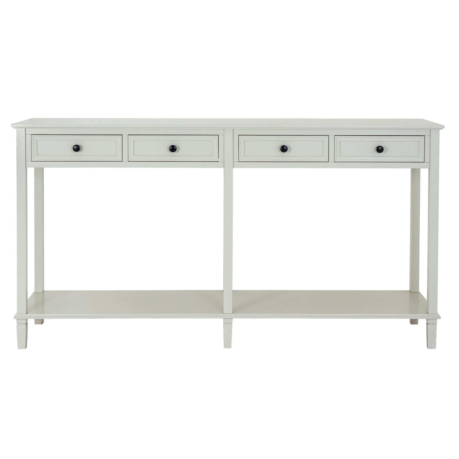 White console table with four drawers on a white background