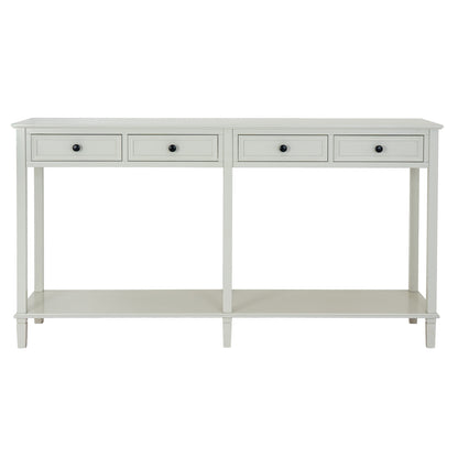 White console table with four drawers on a white background