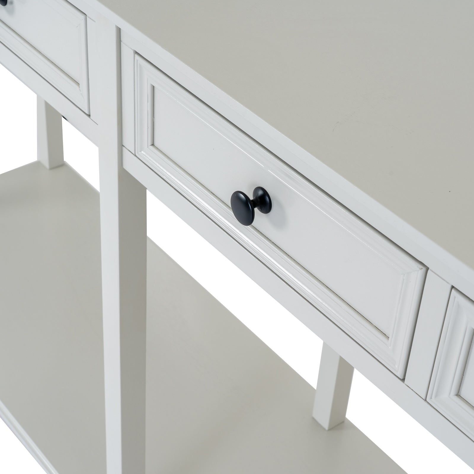 White console table with a drawer and black handle on a light gray background