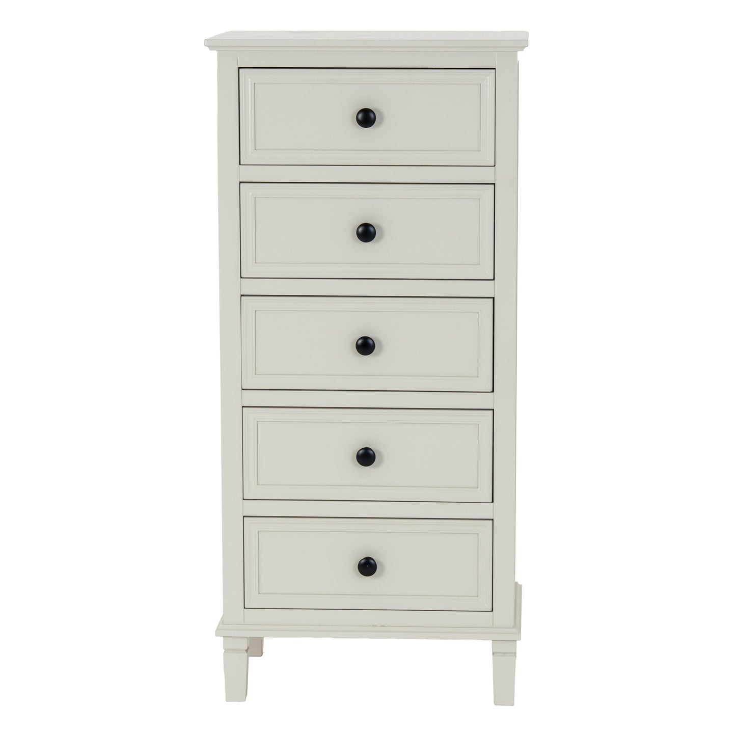 White dresser with four drawers and black knobs on a white background
