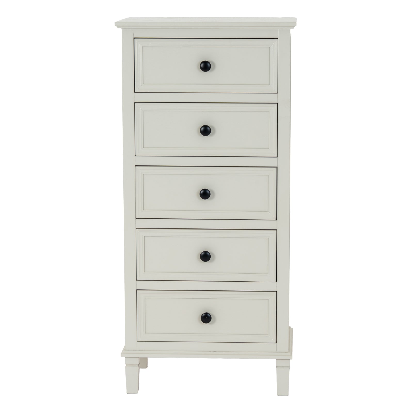 White dresser with four drawers and black knobs on a white background