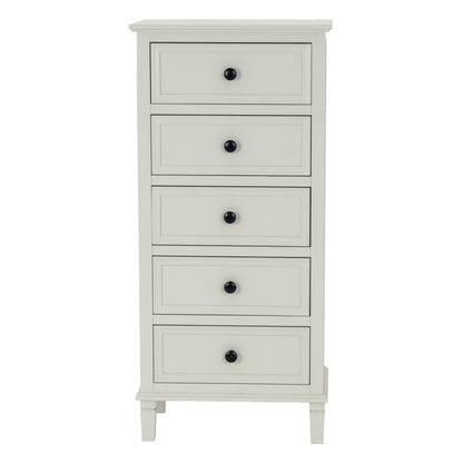 White dresser with four drawers and black knobs on a white background