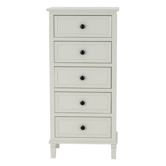 White dresser with four drawers and black knobs on a white background