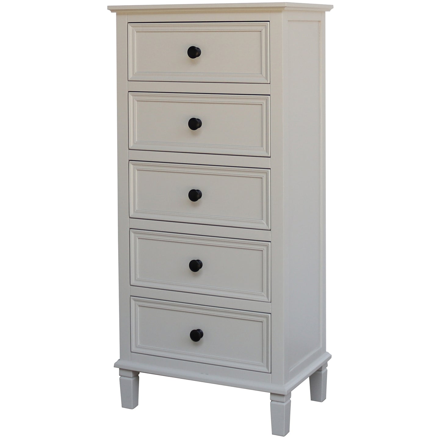 White dresser with five drawers on a white background