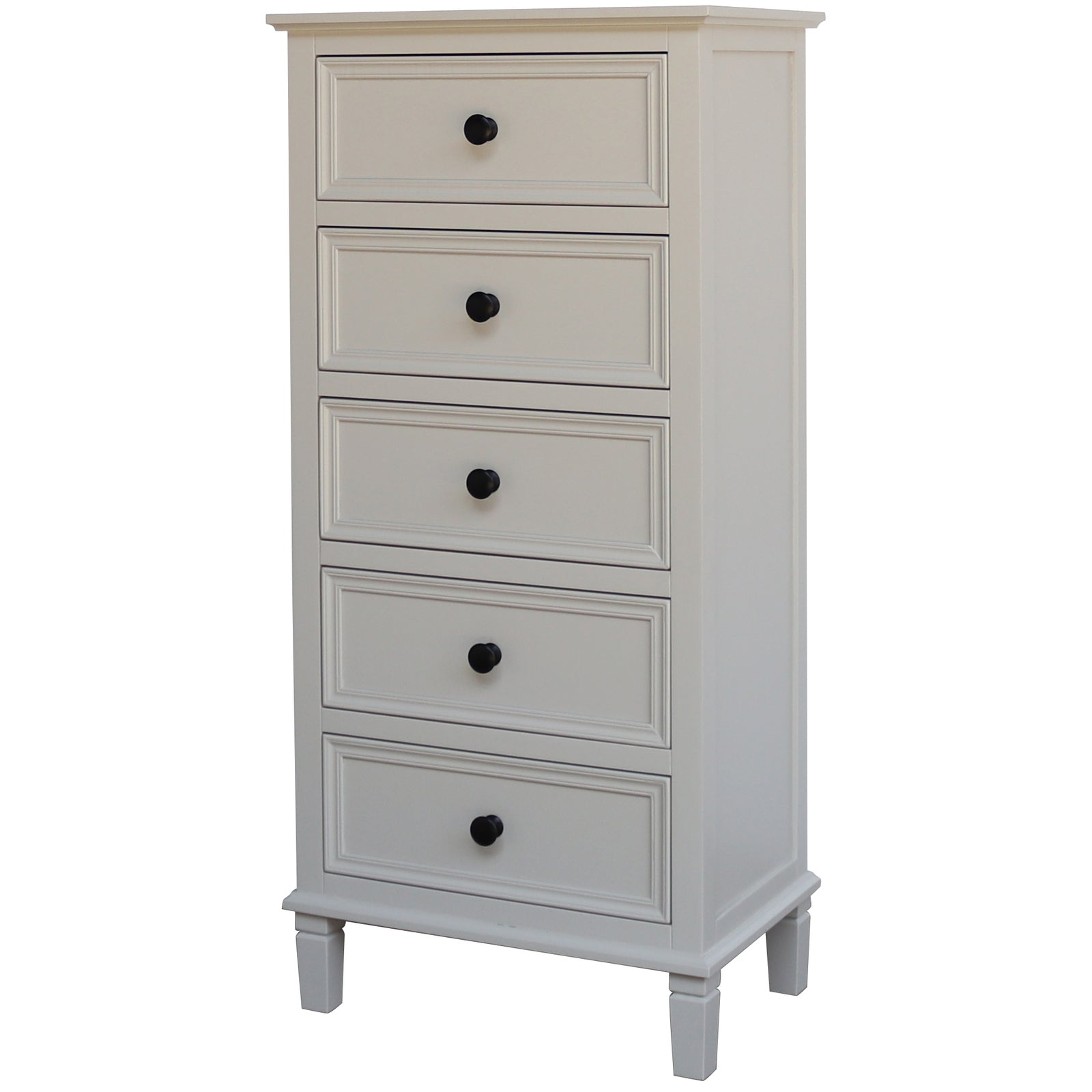 White dresser with five drawers on a white background