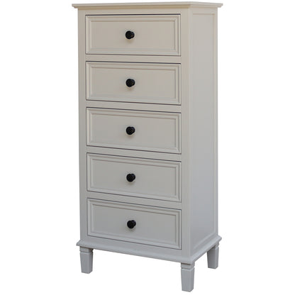 White dresser with five drawers on a white background