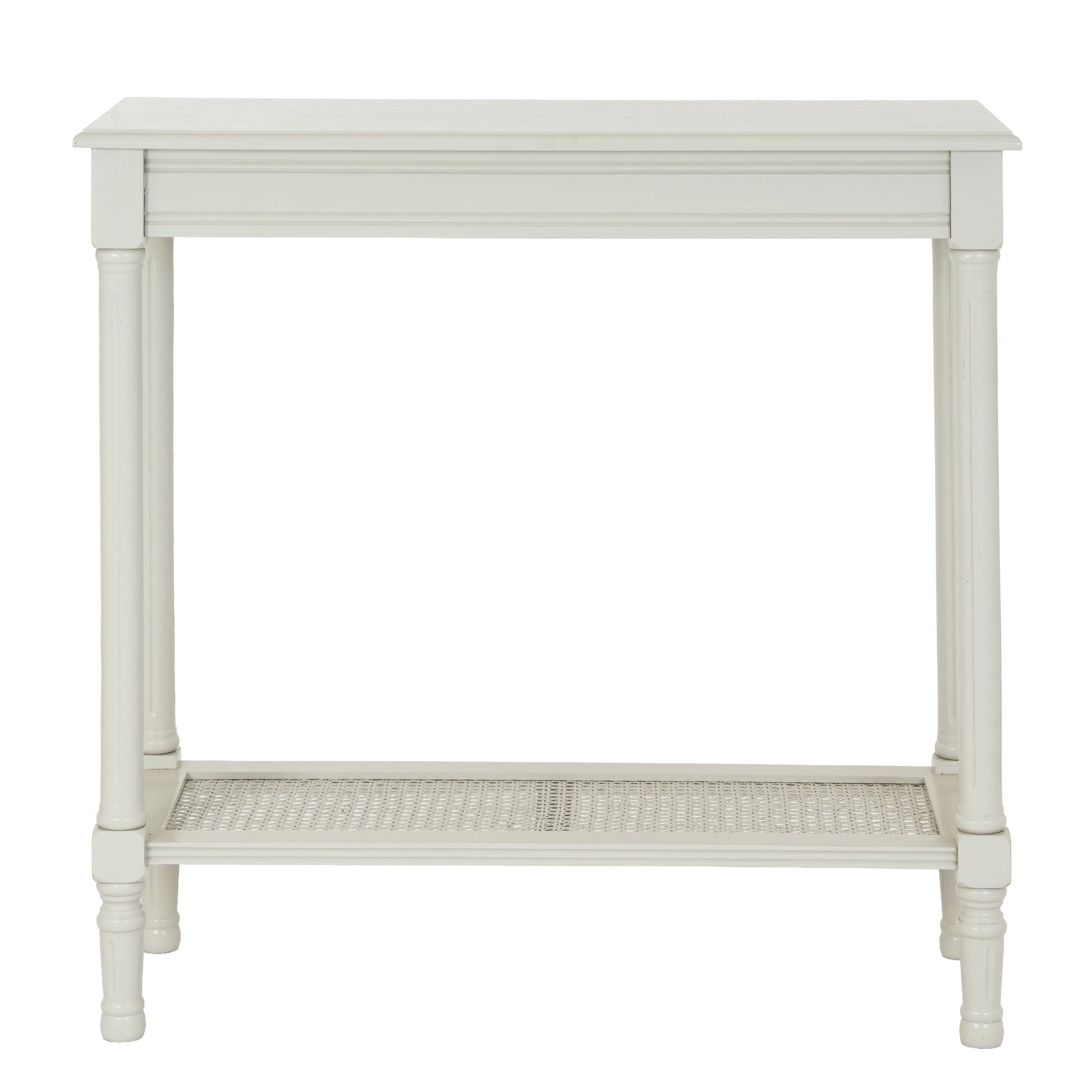 White console table with a woven shelf on a white background