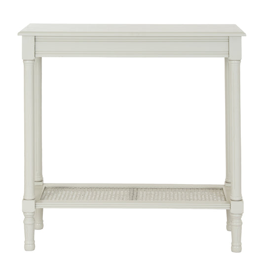 White console table with a woven shelf on a white background
