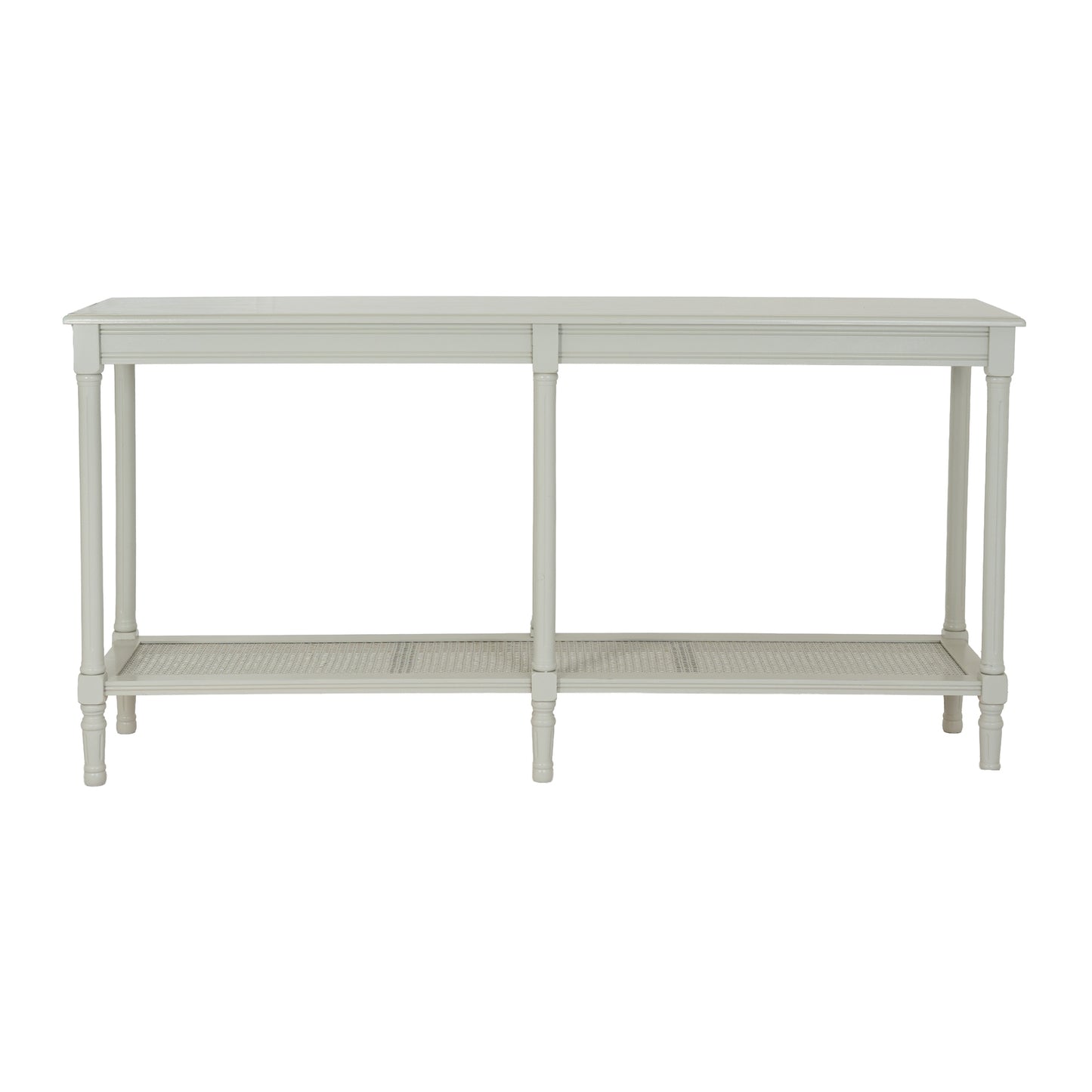 Light gray console table with a shelf on a white background