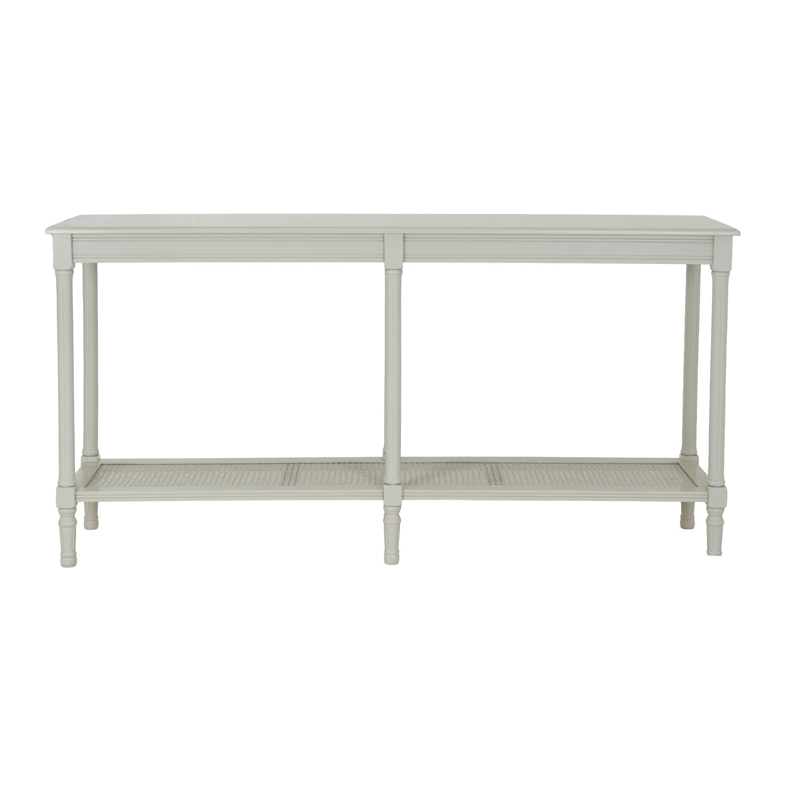 Light gray console table with a shelf on a white background