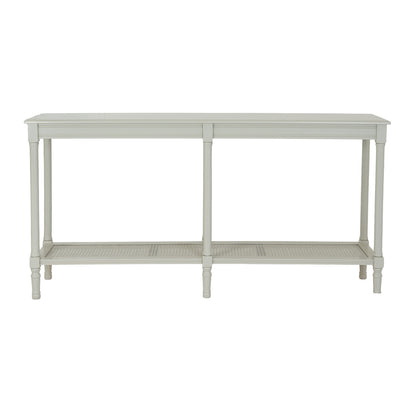 Light gray console table with a shelf on a white background