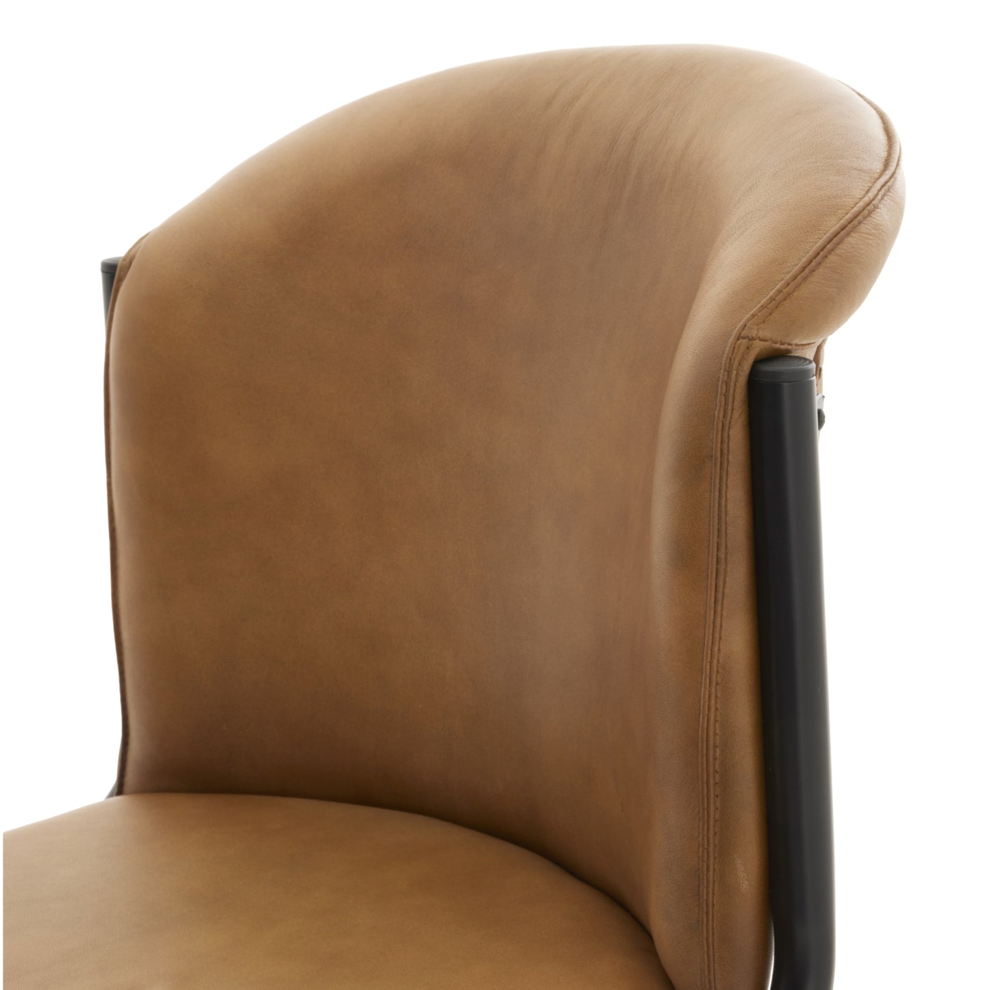 Close-up of a brown leather chair backrest on a white background