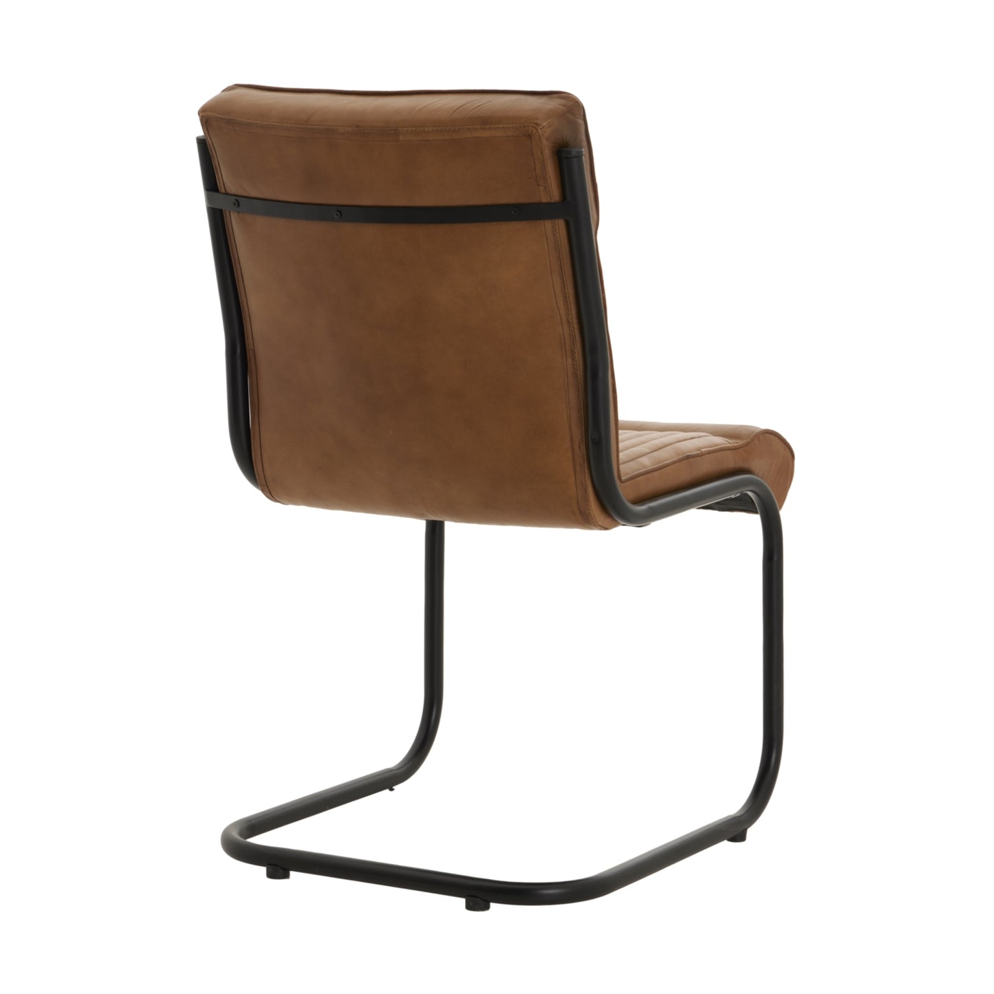 Brown leather chair with black metal frame on a white background