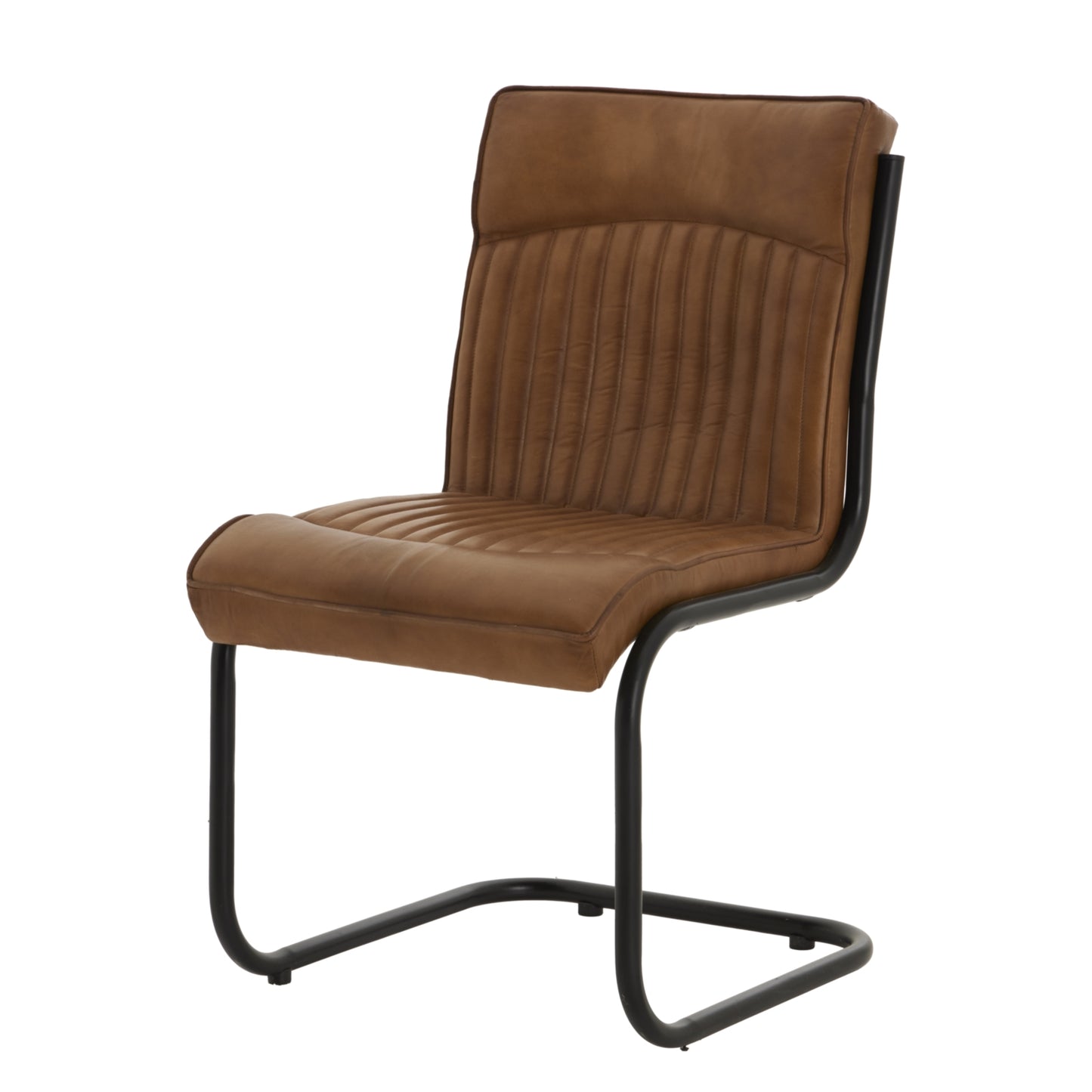 Brown leather chair with black metal frame on a white background